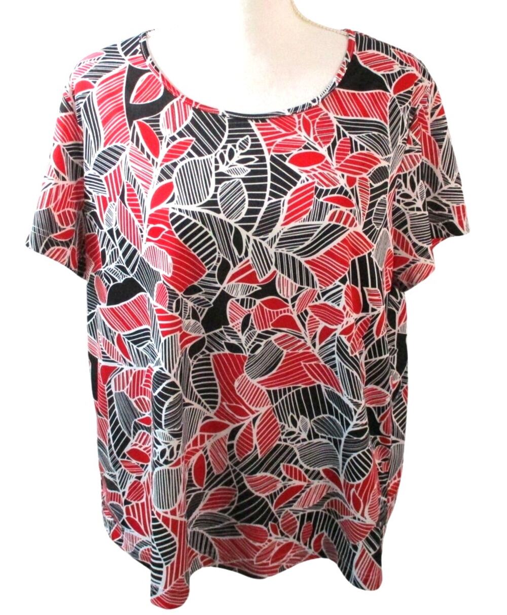 Blair Women's Red & Black Short Sleeve Leaf Print Stretch Shirt Size Large